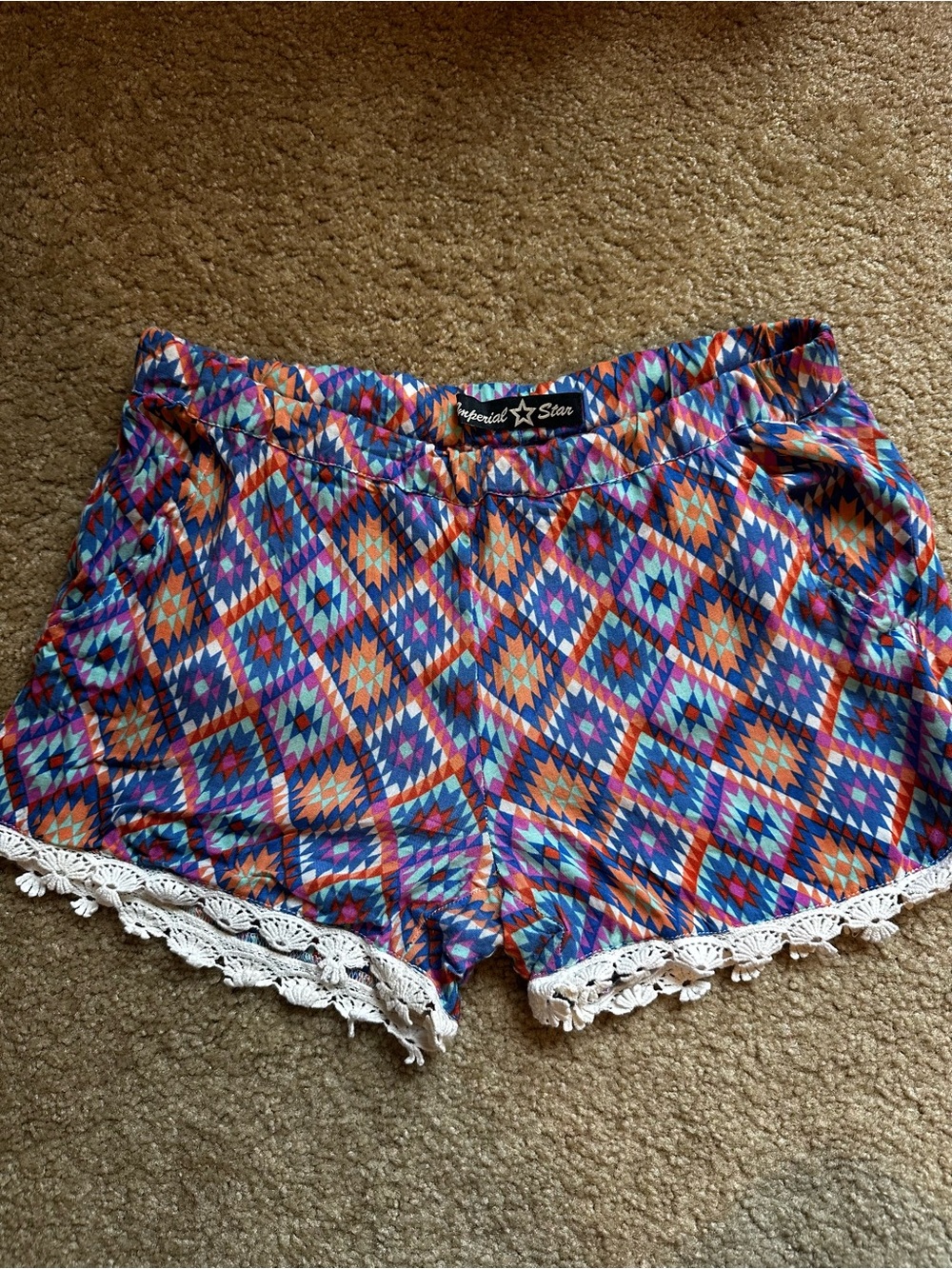 Imperial Star Multicolor Geometric Crochet-Trim Shorts